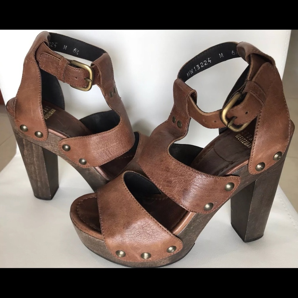 Stuart Weitzman Leather & Wood Platform Heels 6.5